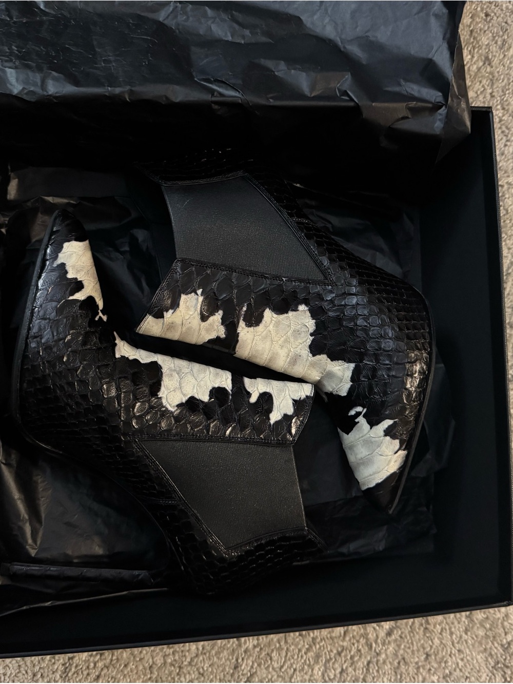 Saint Laurent Black and White Janis 105 Python Chelsea Ankle Boots